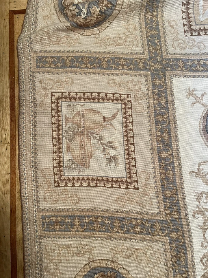 Hand Made French Aubusson Needlepoint Wool Rug  10 FT & 8 IN BY 8 FT Cream BEIGE - Image 3 of 4