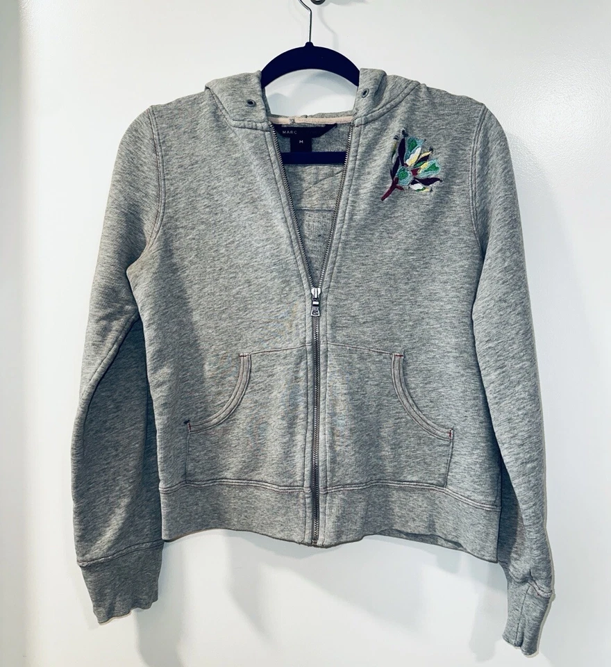 Sudadera con Capucha Marc Jacobs Cremallera Completa Gris Bordada Flor Damas M Foto 2 de 4