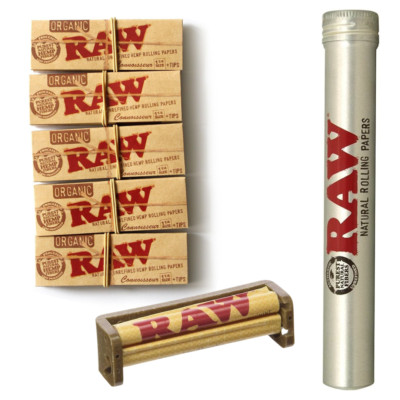 RAW Organic Kit: 5pk 1 1/4 Connoisseur Papers w/ Tips + 79mm Roller + Tube