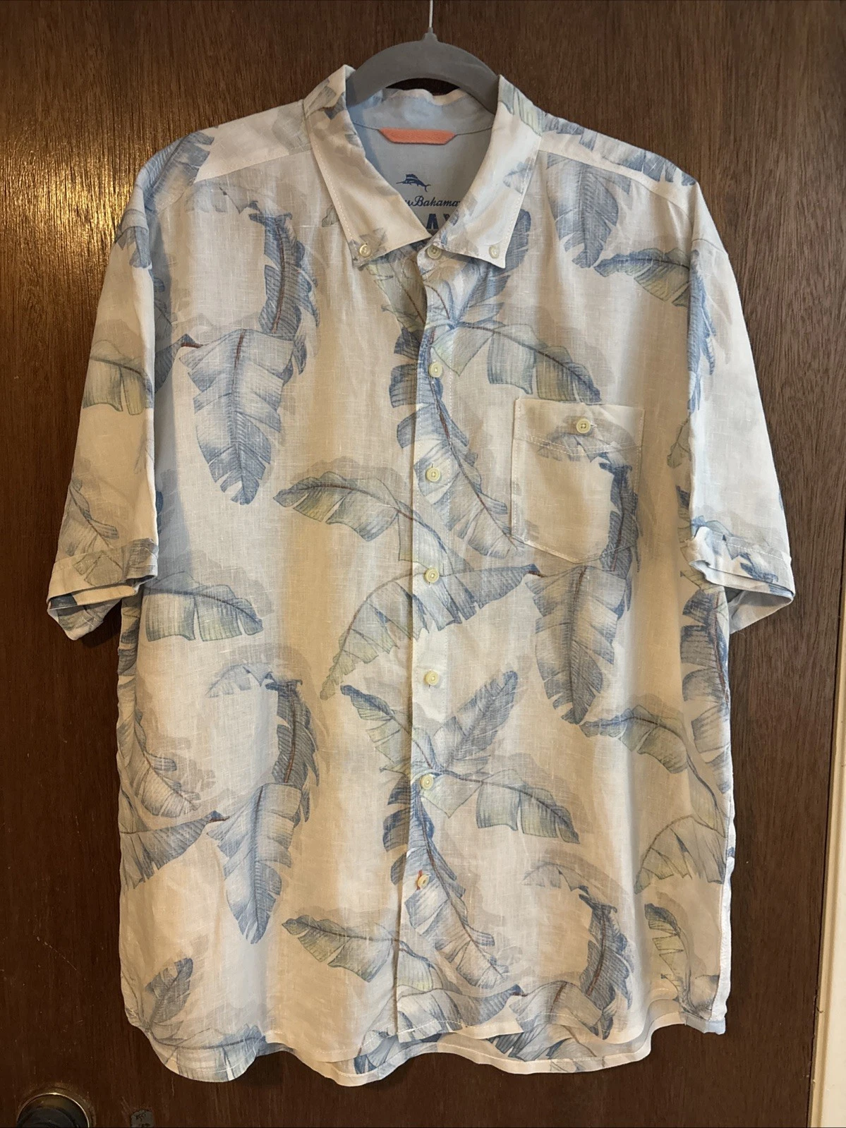 tommy bahama mens 100 linen short sleeve shirt white blue leaf pattern sz XL