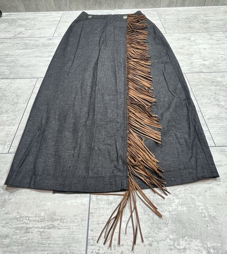 Vintage Veronica Prida Suede Fringe Black Denim Wrap Around Skirt Med. - Picture 6 of 14