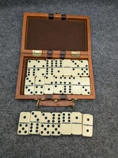 Dominos Set 28 Piece Travel Set With Brass Spinners Faux Leather Carrying Case