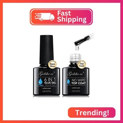 Gelike EC UV 6 in 1 Gel Nail Glue and Top Coat Kit No Wipe for Press-On Nails Ge