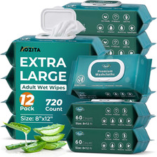 720 Count 12 Packs of 60 Wipes for Adults, 8" X 12" Extra Large Wet Wipes for