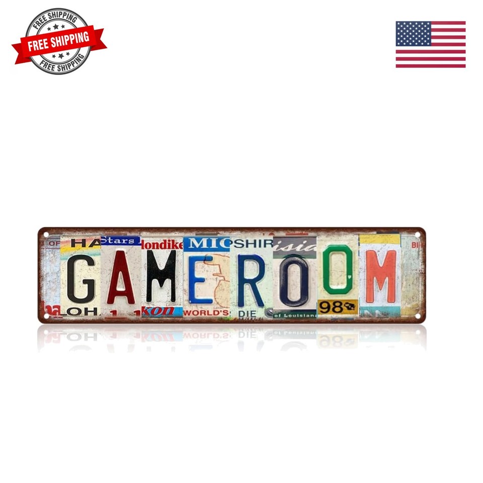 License-plate-style metal game room sign hits that sweet spot of nerdy self-expression without trying too hard — compact and instantly readable.