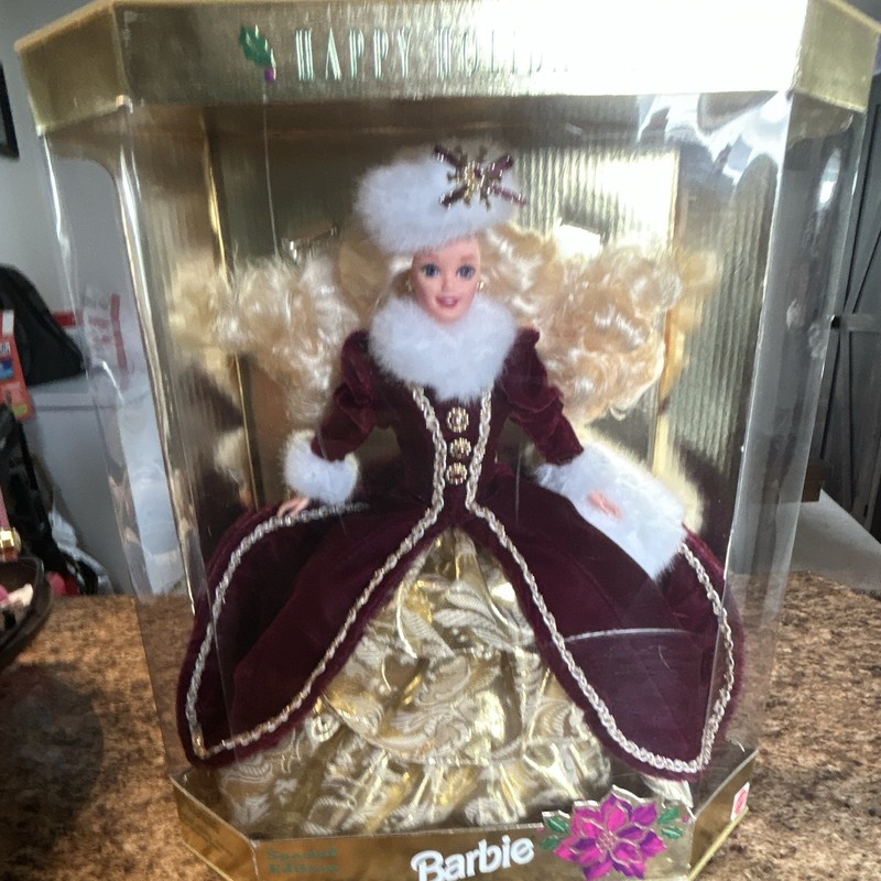Mattel Happy Holidays Barbie Doll Burgundy & Gold Dress 12in Original Unopened