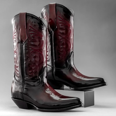 Men s Genuine Leather Chameleon Design J-Toe Cowboy Western Boots - Burgundy