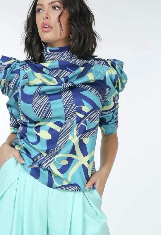 CQ by CQ Colorful Top Women Medium Artsy Pattern Puff Sleeves Green Blue
