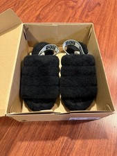 UGG Women's Size 6 Black Fur Slide Slippers Logo Strap Comfort