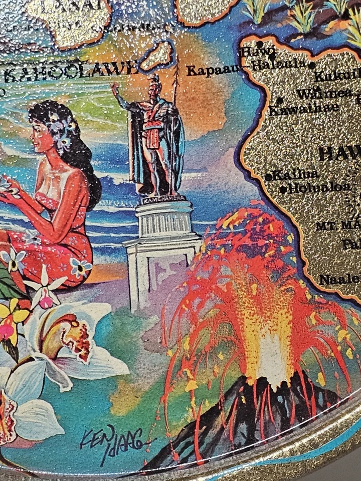 Vintage Hawaiian KEN HAAG Islands Souvenir Tray Round Gold Blue Surfer Map Art - Image 4 of 4