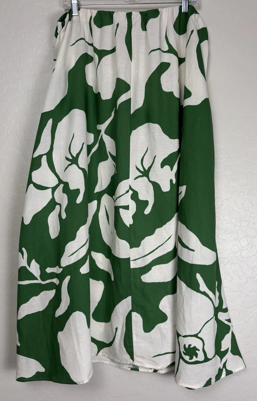 New H&M Linen Blend Elastic Waist Boho Tropical Midi Skirt XL Green Ivory 1994