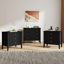 Wide 3 Drawer Chest of Drawers and Pair of Bedside Tables - Hales Black Range