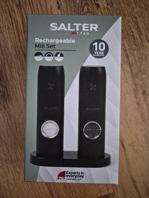 Salter Wiederaufladbare Salz & Pfeffermühle Set - Verstellbarer Mahlgrad, USB & Aufbewahrungsbasis