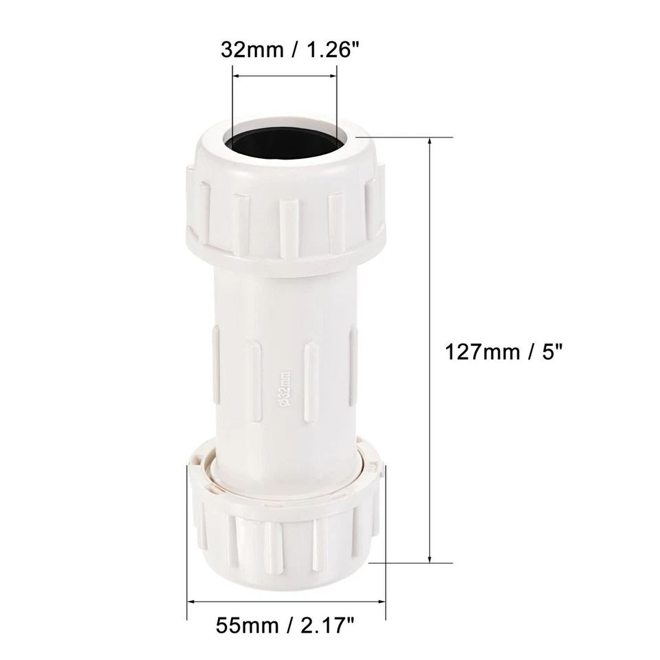 PVC Compressione Tubatura Giunto Dritto Tubo Raccordo Prolunga 32mm Bianco - Immagine 2 di 4