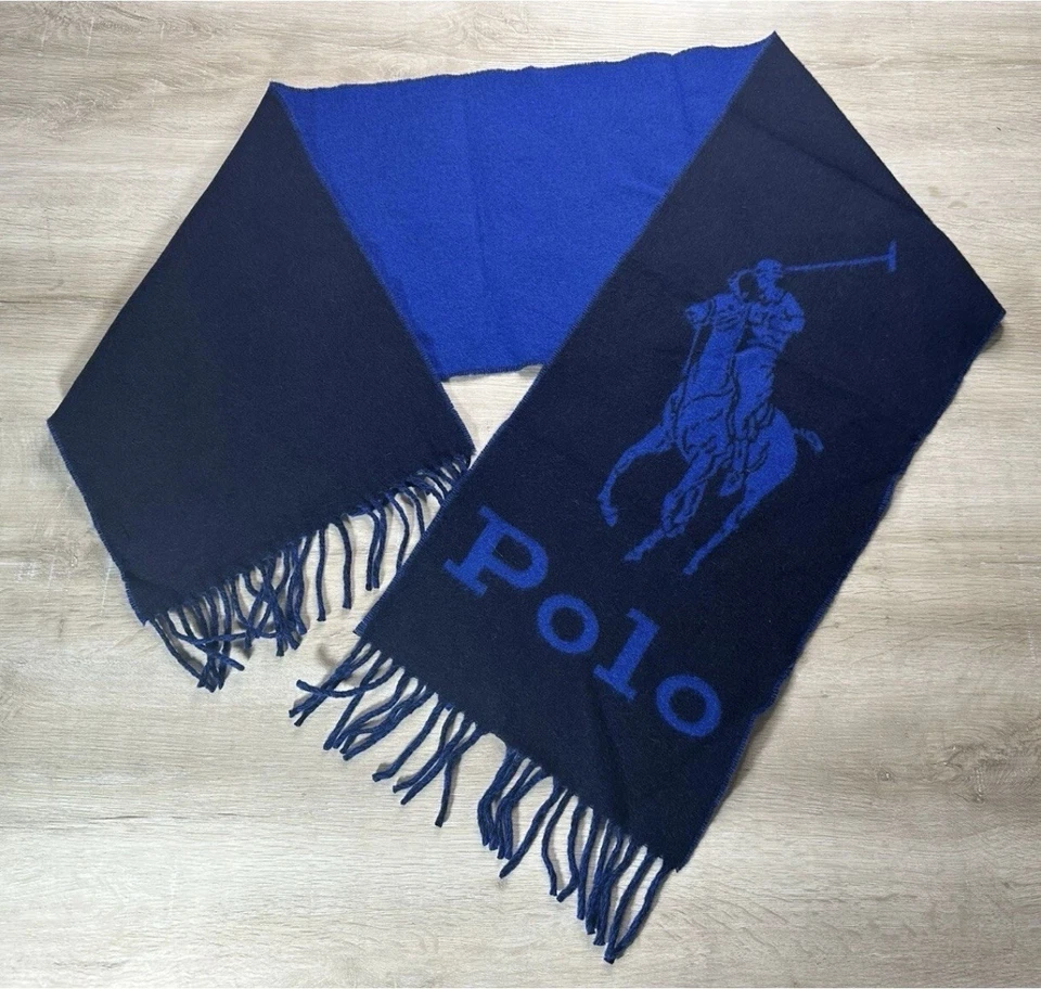 Polo Ralph Lauren Unisex Hombre Mujer Bufanda Azul BIG PONY Mezcla Lana REVERSIBLE Foto 4 de 4