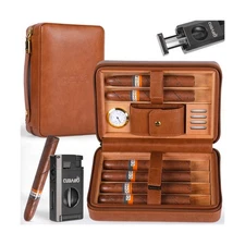 Cigar Humidor Case, Leather Cedar Wood Cigar Box with Built in Hygr... Fast Ship