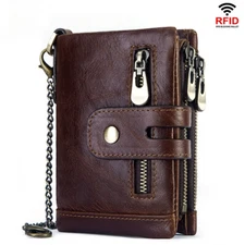 Men Wallet with Chain Leather Wallet RFID Zippper Bifold Card Holder Wallet