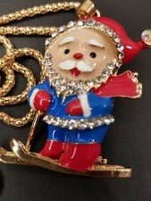 Santa Claus Rhinestone Christmas Necklace Pendant Santa Skiing 3D