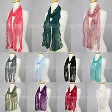 Lace Scarf Wave Curly Fringe Embroidery Sewed On Flower Tassel Sheer Solid Color