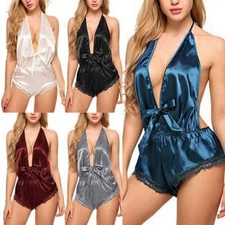 Womens Lingerie Backless One-piece Pajamas Underwear Satin Jumpsuit Sleepwear