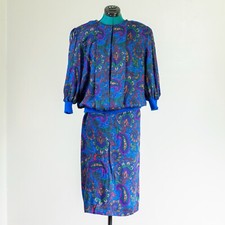 Vintage 1980s Blue Paisley Two Piece Skirt and Blouse Set Size 20