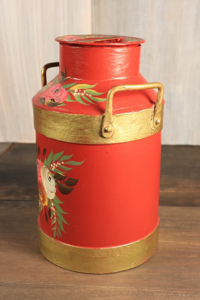 Ancien Boîte à Thé en Forme de Petit Pot Bidon à Lait Peint Main Tôle Fleurs - Photo 3/4