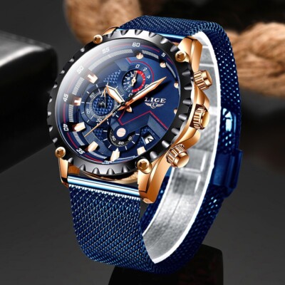 2022 New LIGE Blue Casual Mesh Belt Fashion Quartz Gold Watch Mens Watches Top B
