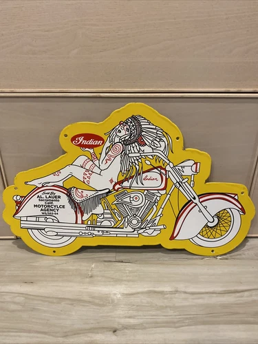VINTAGE DUEL SIDED 24”x14 INDIAN MOTORCYCLE PORCELAIN GAS OIL DIE CUT