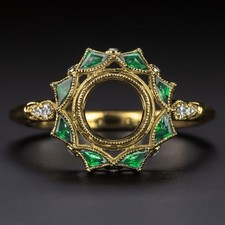 EMERALD DIAMOND RING SETTING ART DECO VINTAGE STYLE HALO YELLOW GOLD ROUND BEZEL