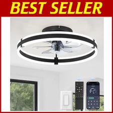Sleek Black Flush Mount LED Fan Light, Remote Control
