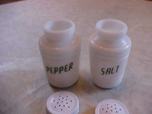 VTG Salt Pepper Shakers Range HAZEL ATLAS White Milk Glass Green Lettering 1940s