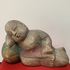 Vintage Old Hand Carved Wood Asian Oriental Buddhist Sleeping Unique Monk Art