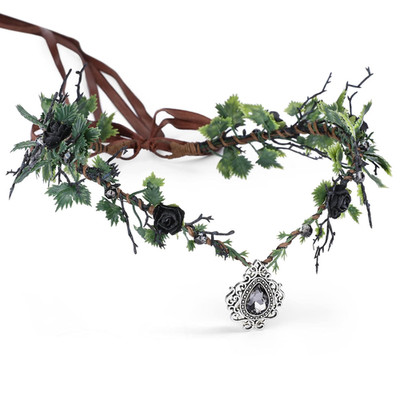 MOSTORY Black Fairy Flower Headband Crystal Elf Crown Woodland Headpiece Forest