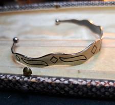 vintage silver tonenordic  open cuff bracelet with black geometric enamel design