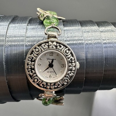 Green Glass Bead & Silver Hummingbird Bracelet WristWatch