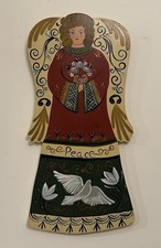 Hand Painted Wooden Angel Wall Hanging Plaque Folk Art Decor PEACE 21.5" H
