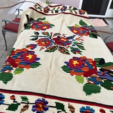 Vintage Mexican Blanket, Flowers, Wool, Hand Woven Serape Blanket 49" X 79  
