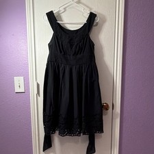 BB Dakota Black A-Line Dress L Scoop Neck Tie Waist Eyelet Hem Vintage