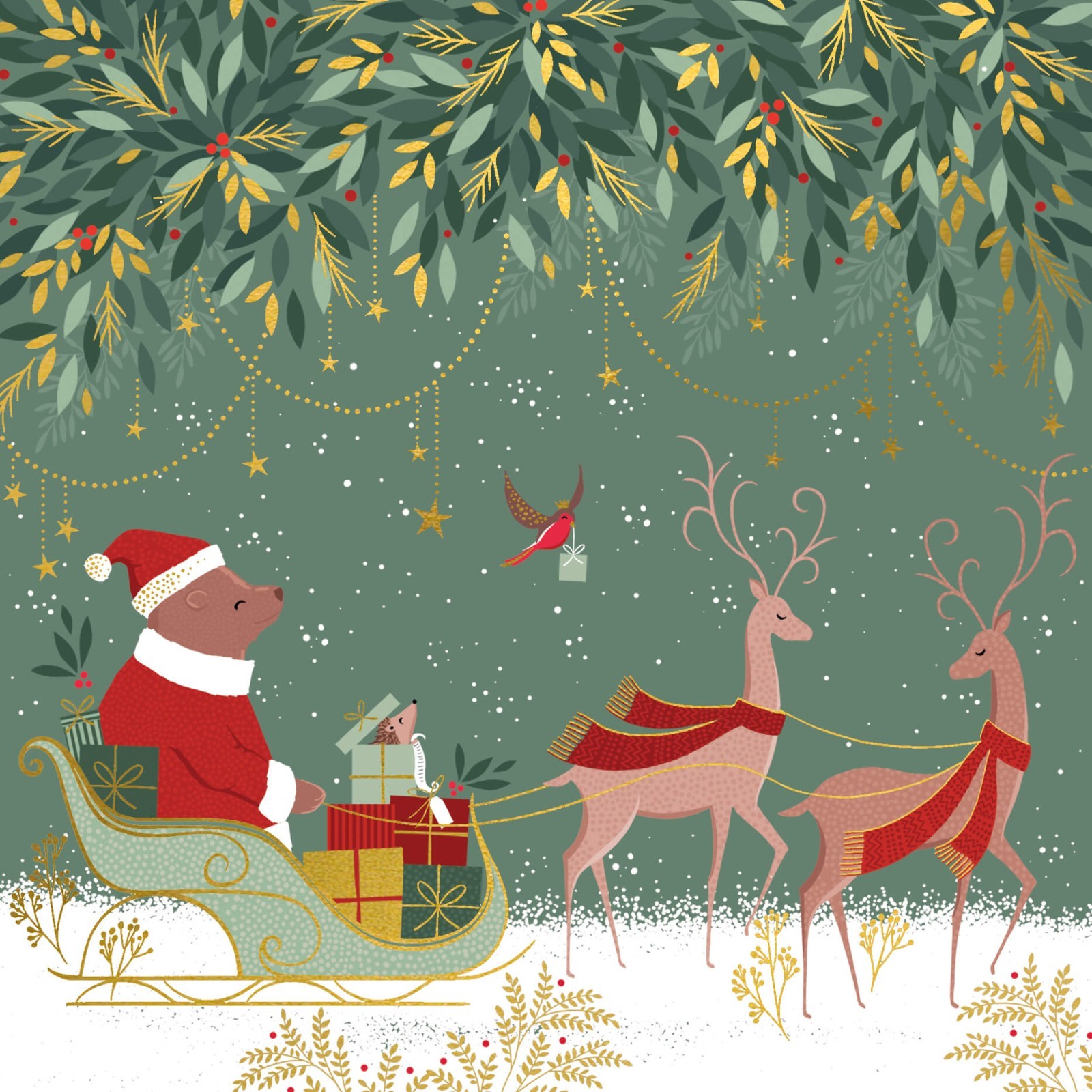 Christmas Cards Santa Bear - Luxury Pack 8 Sara Miller Embossed Foil Xmas Cards