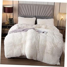 Plush Shaggy White Duvet Cover Set Queen Size 3 Pieces Full/Queen 01-white