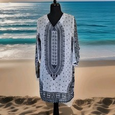 boho long tunic mini dress Beach Cover Semi Sheer Festival White Black 3/4 Sleev