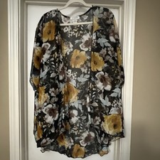 Dark Romantic Floral Kimono Women's XL Black Yellow Lightweight Whimsy Sheer