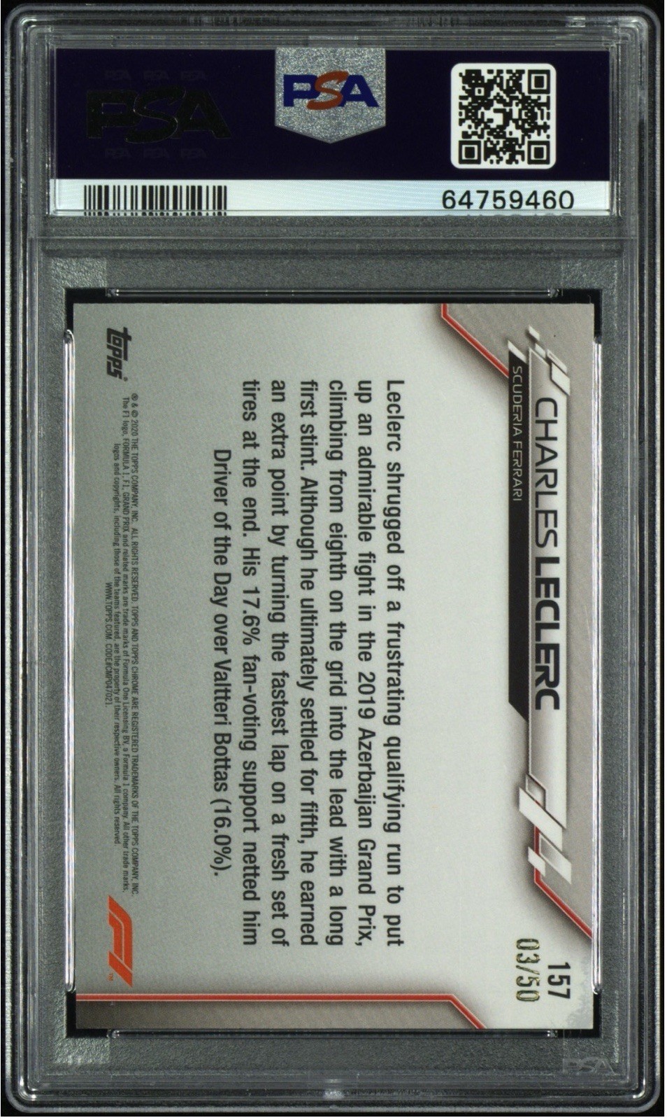 2020 Topps Chrome Sapphire F1 #157 Charles Leclerc RC Gold Refractor /50 PSA 9 view 2