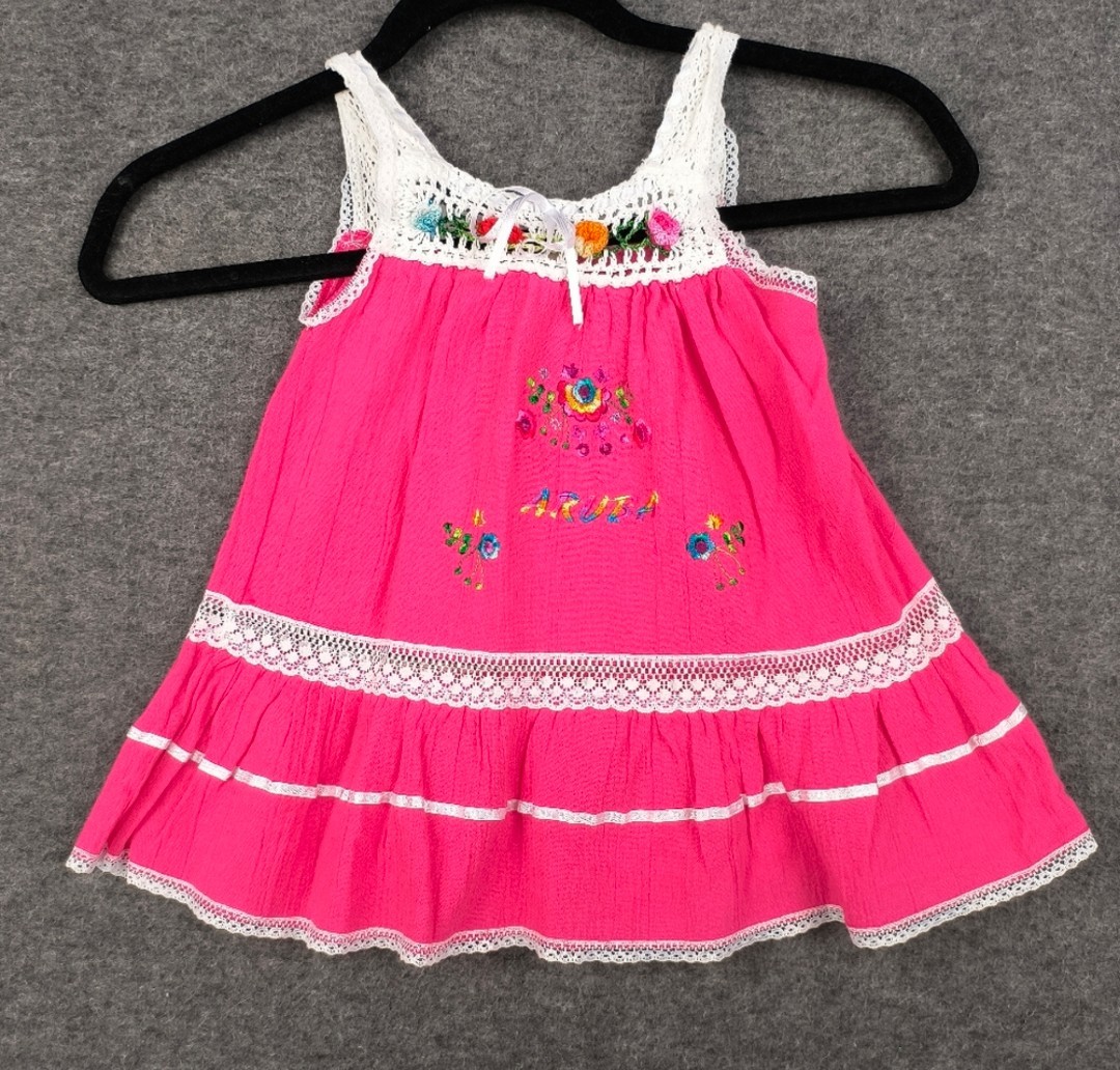 Girls Sundress  2T Pink Embroidered Crochet Floral Aruba Bow Cottagecore-image