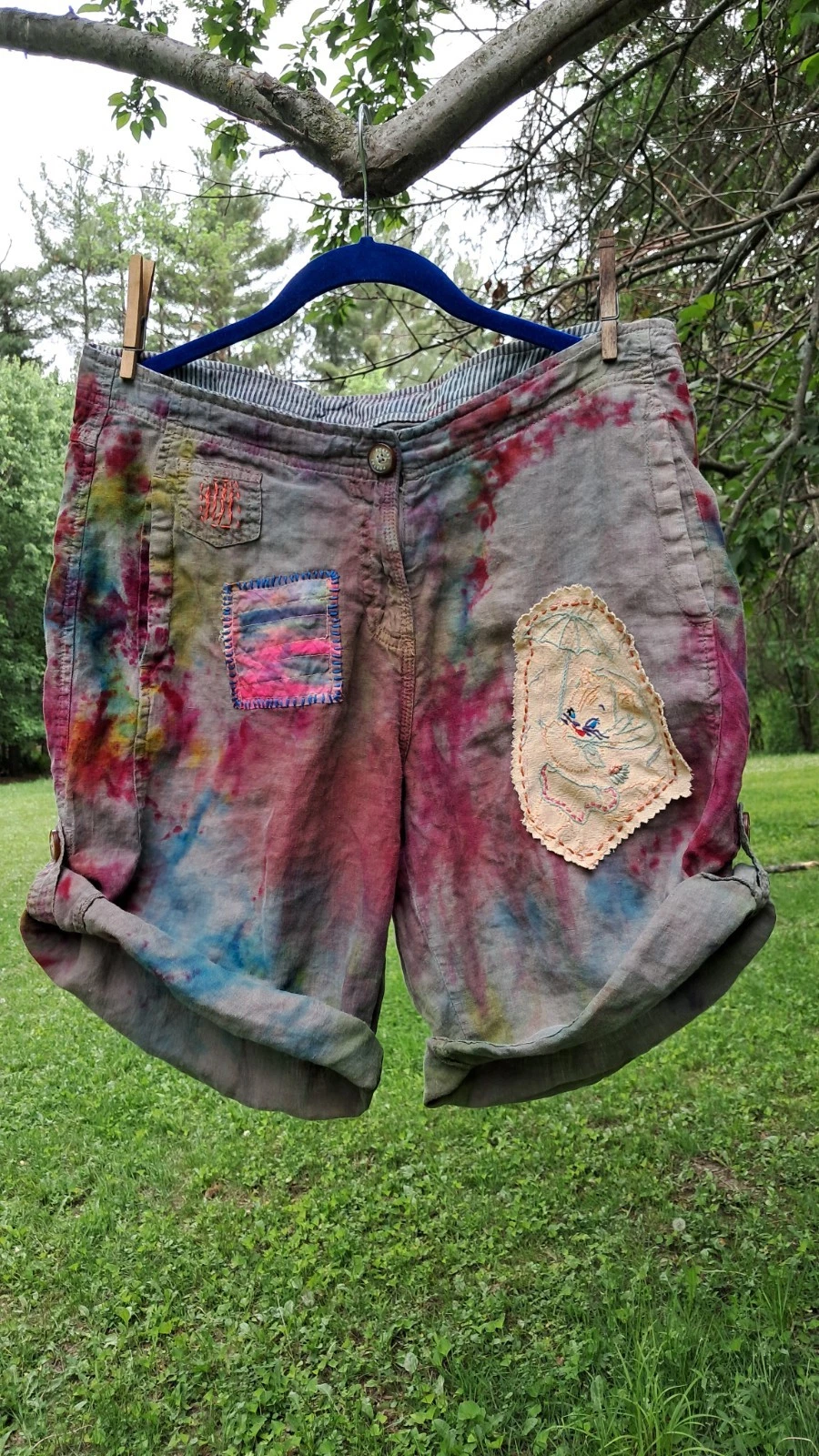 OOAK Upcycled Linen Miner Shorts Tie Dyed Embroidery Applique Size 10 (32)