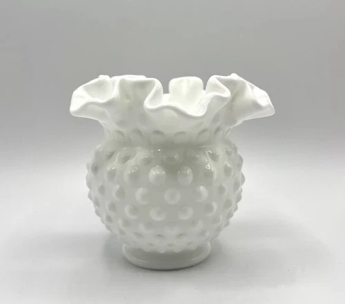 Vintage Fenton Milk Glass Hobnail Vase Ruffled Edge 4” STICKER & MAKERS MARK