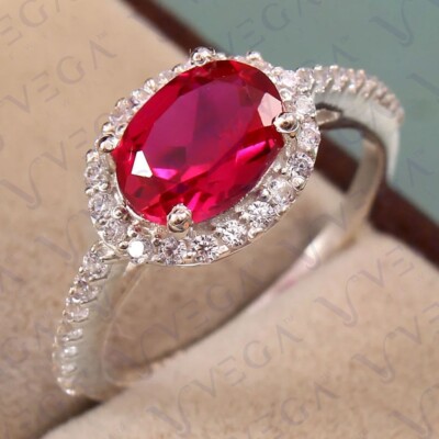 3.52Ct Oval Cut Natural Red Ruby & Diamond Engagement Ring 18K White Gold Plated