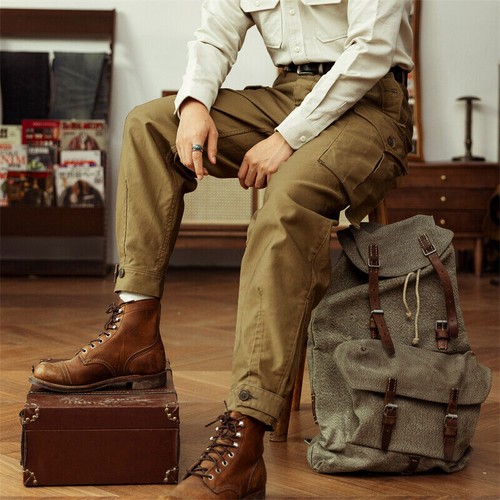 Ground Crew Trousers 1930s Style Mens Tapered Cargo Pants Dark Khaki - Picture 1 of 20