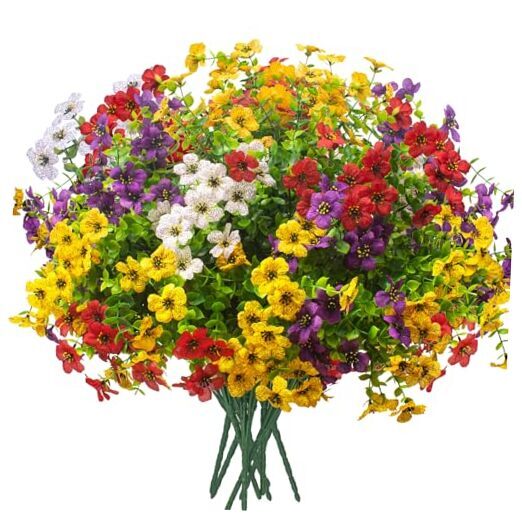 Artificial Fake Plants Flowers for Outdoor Spring Decoration, 16 Bundles Mix