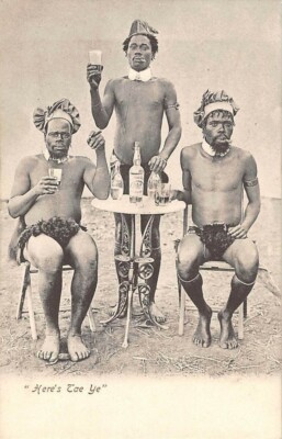 SOUTH AFRICA ~ 3 NATIVE MEN AT TABLE SMOKING & DRINKING, COMIC IMAGE ~ c 1902